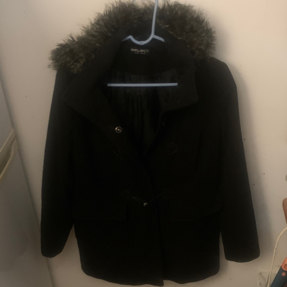Elegant Select Black Fur-Trimmed Wool Coat SZ 8 US 40 Euro